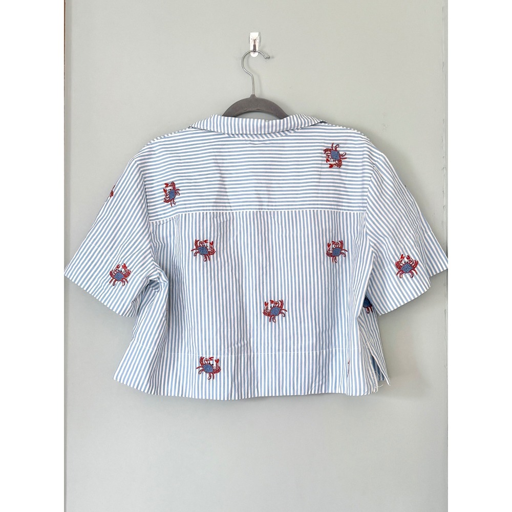 Maeve Blue White Striped Embroidered Cotton Crab Cropped Button Down Shirt L NWT - Picture 6 of 8